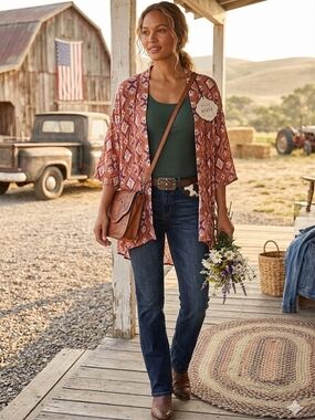 Rust Ikat Open Kimono Cardigan - Rust / Pink Pattern Knox Rose L-M